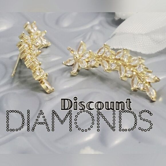 Clear White Diamonds 18K Yellow Gold Ear Climber Earrings  on 925 Silver - Picture 1 of 10